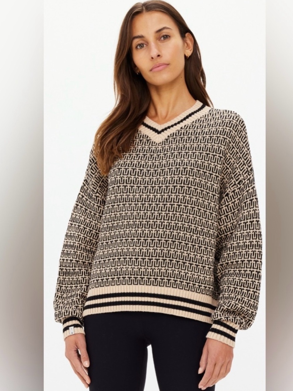 The Upside Beige and Black Monogram V‑Neck Sweater